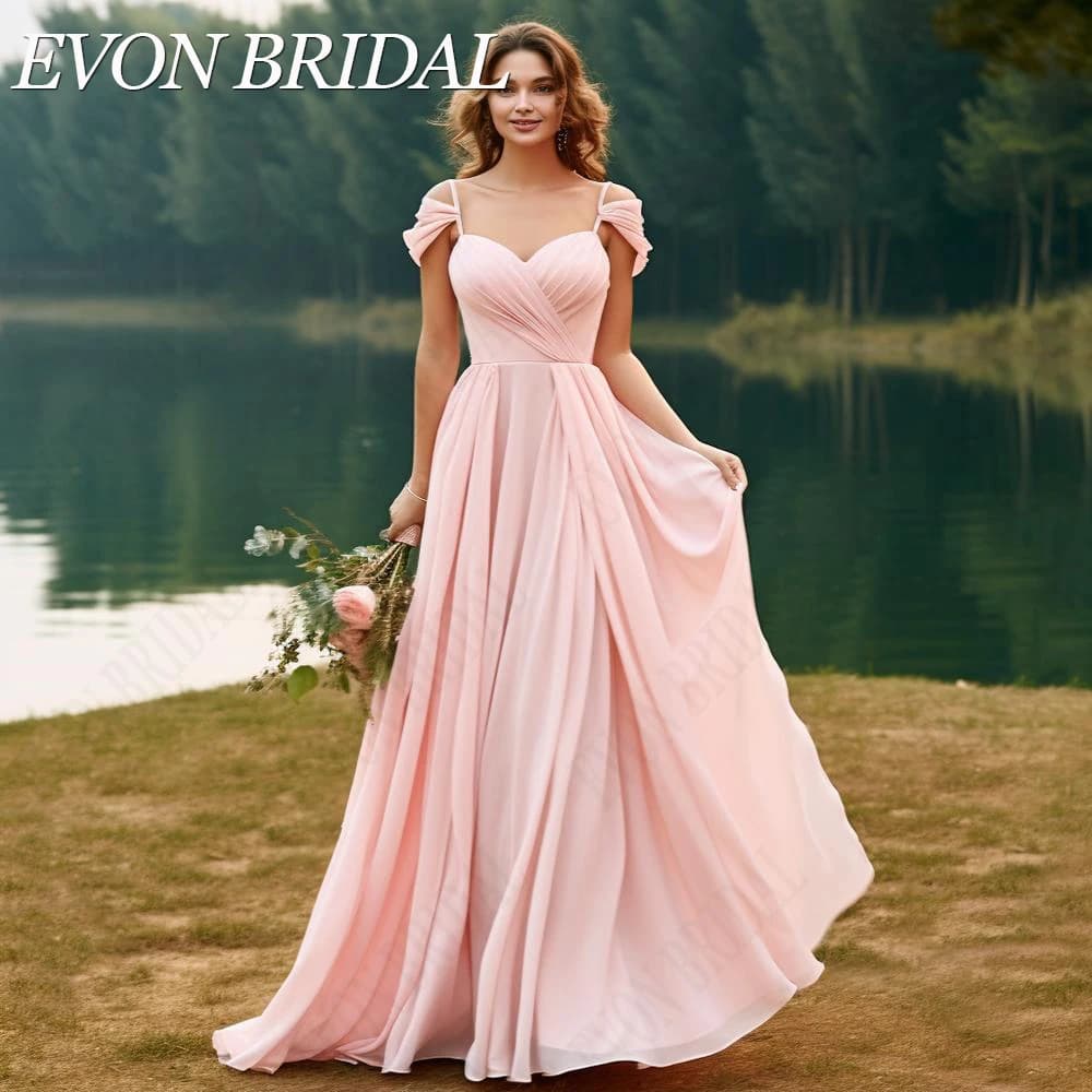EVON BRIDAL-Robe de Demoiselle d'Honneur Rose Longue en Mousseline de Soie, Style Boho, avec Bretell