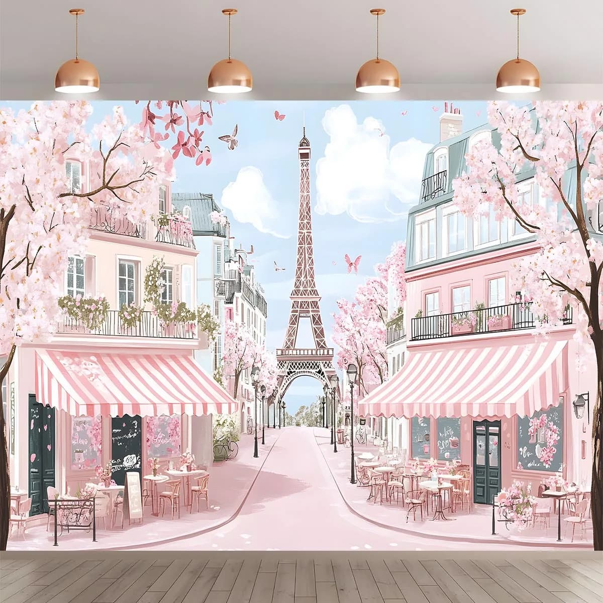 Bannière de fond de la tour Eiffel, scène vibrante de fleur de cerisier rose, adaptée à une utilisat