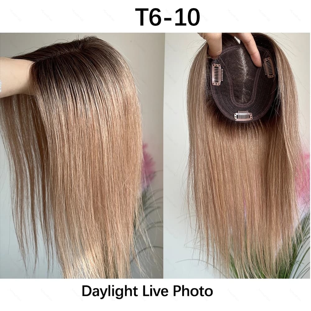 Topper de cheveux humains avec mèches, balayage, ombré, brun blond, grande base en dentelle, 4,5x5 p