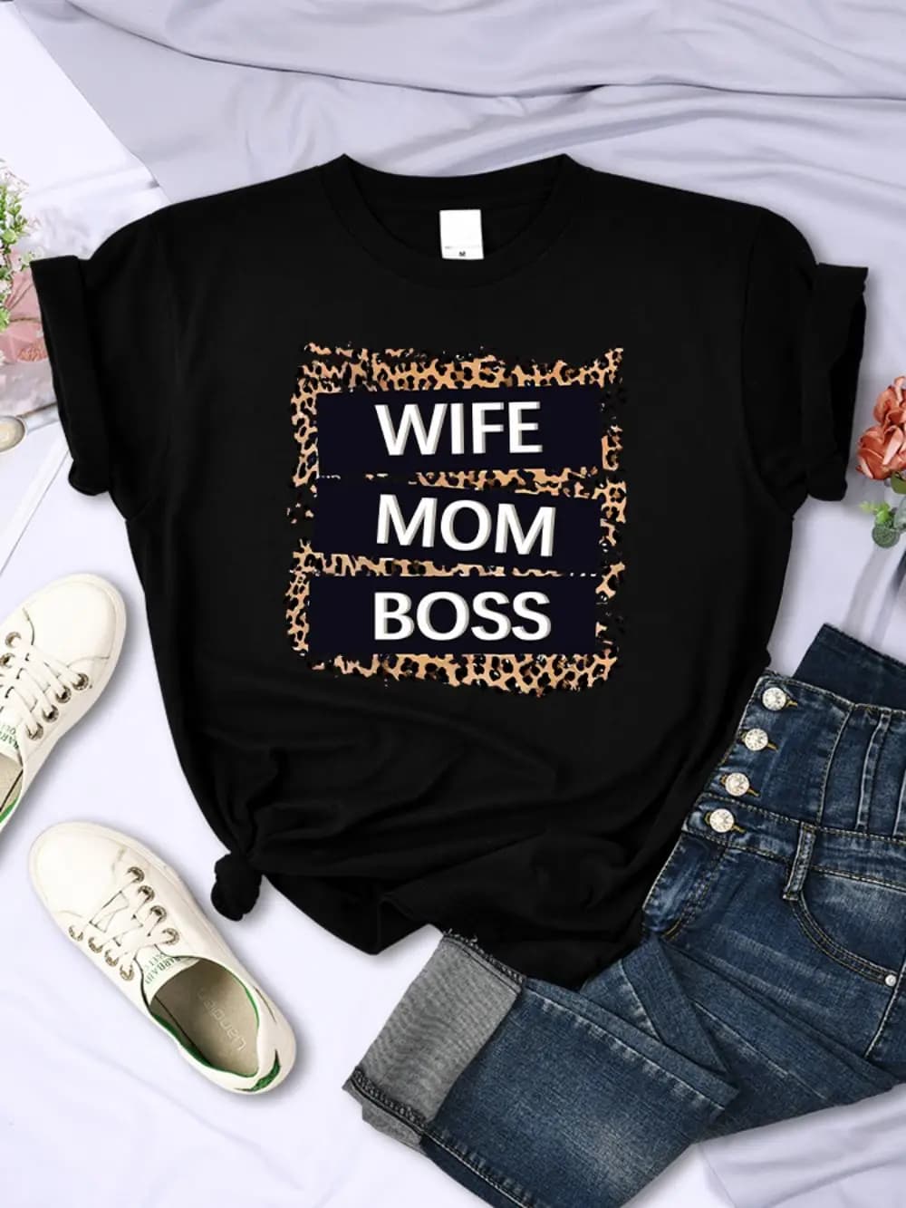 T-shirts Femme Street Style avec Imprimés Léopard et Motifs 'Wife Mom Boss', Doux, Respirants, Col R