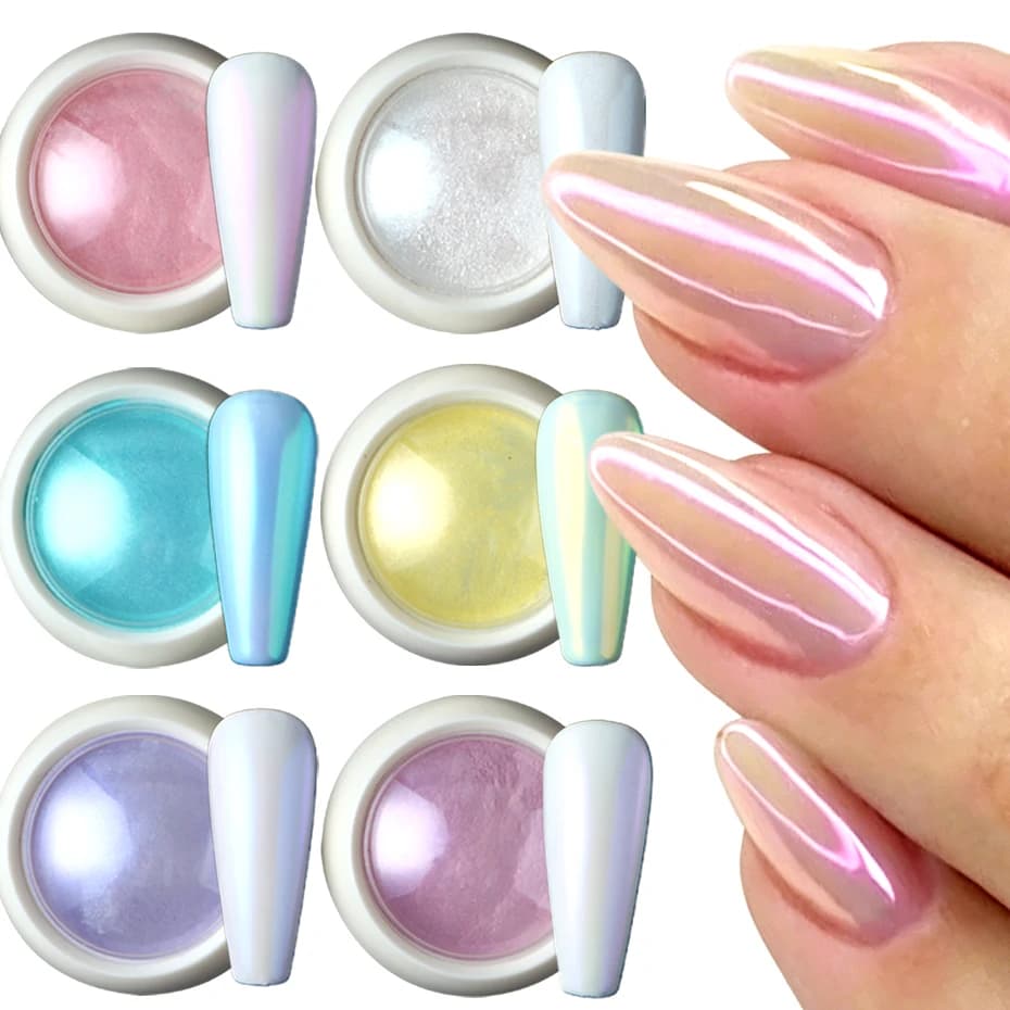 Poudre à ongles effet chrome sirène Aurora, rose irisé, pigment pour nail art, paillettes brillantes