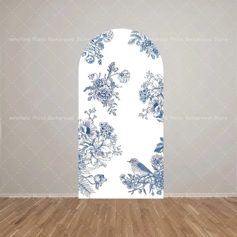 Mehofond Arche de toile de fond personnalisée avec initiale, thème élégant fleurs et oiseaux bleu-bl