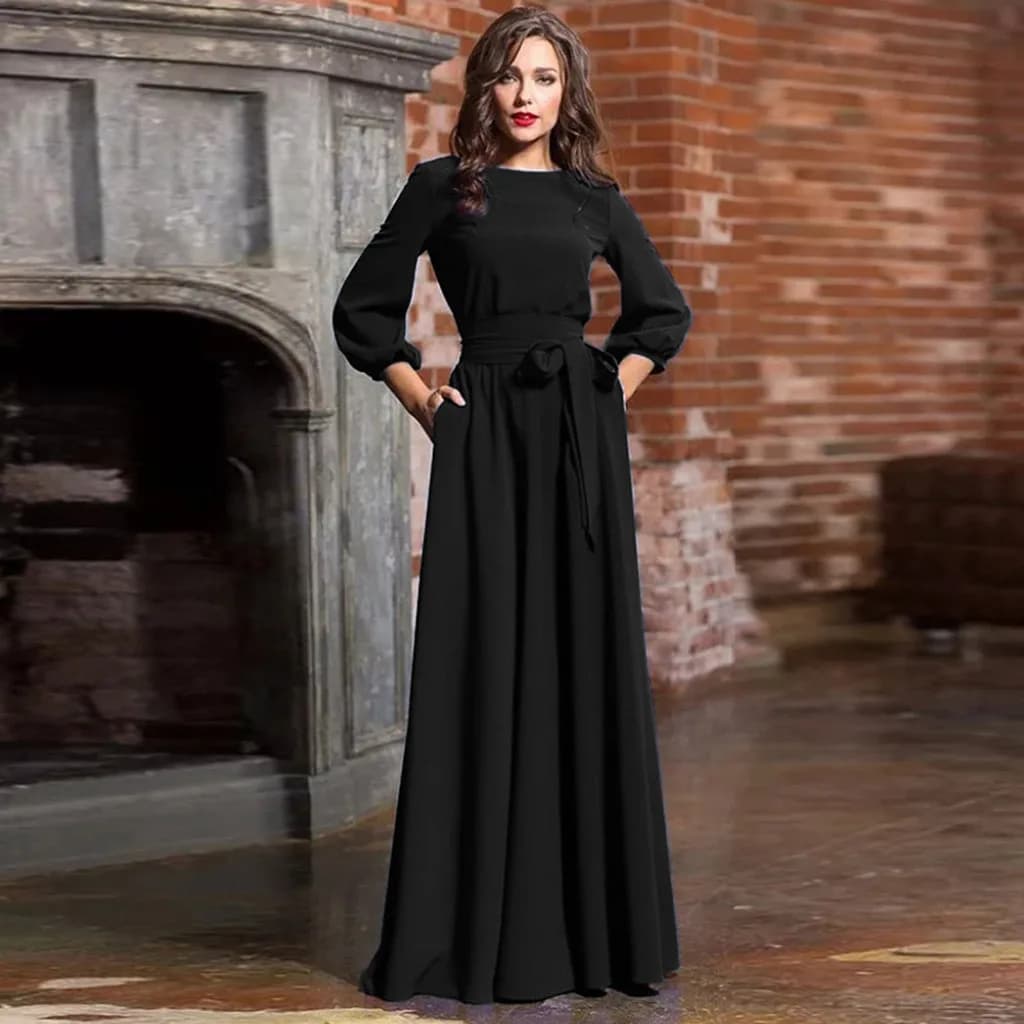 Robe de soirée trapèze pour femmes, vintage, couleur unie, style bohème, manches longues, avec ceint