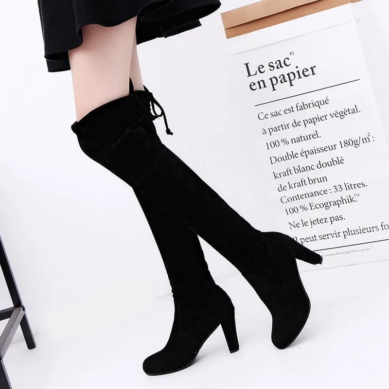 Cuissardes longues en velours à lacets pour femmes, bottes de chevalier, chaussures d'hiver en fourr