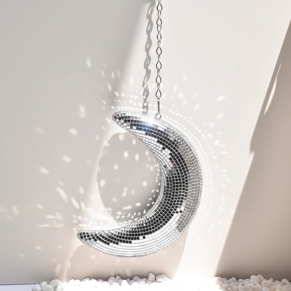 Ornement suspendu en forme de lune, boule disco, décoration intérieure, pendentif réfléchissant en f