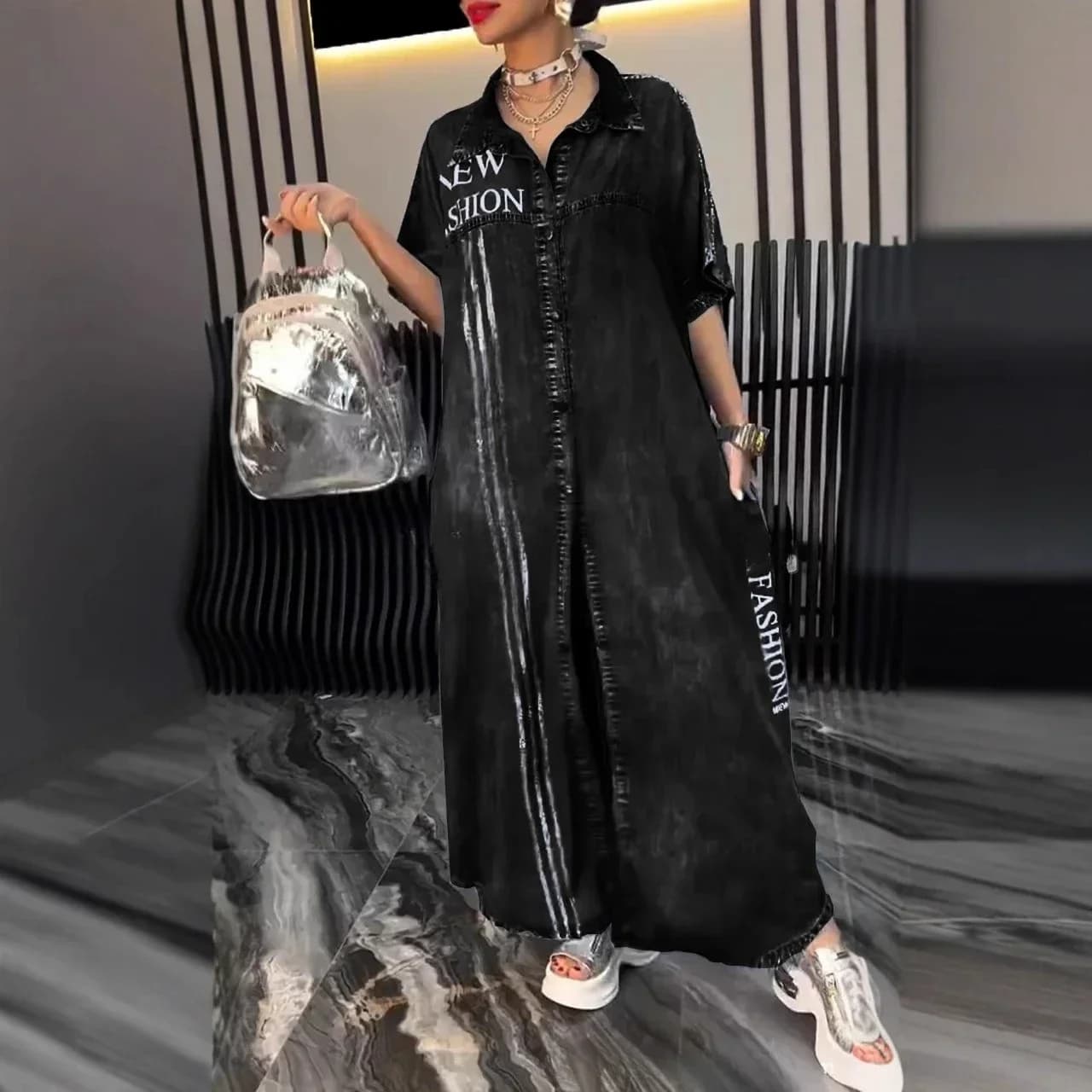 Robe en jean femmes robes longues lettre imprimer robes simple boutonnage col rabattu en détresse Ma