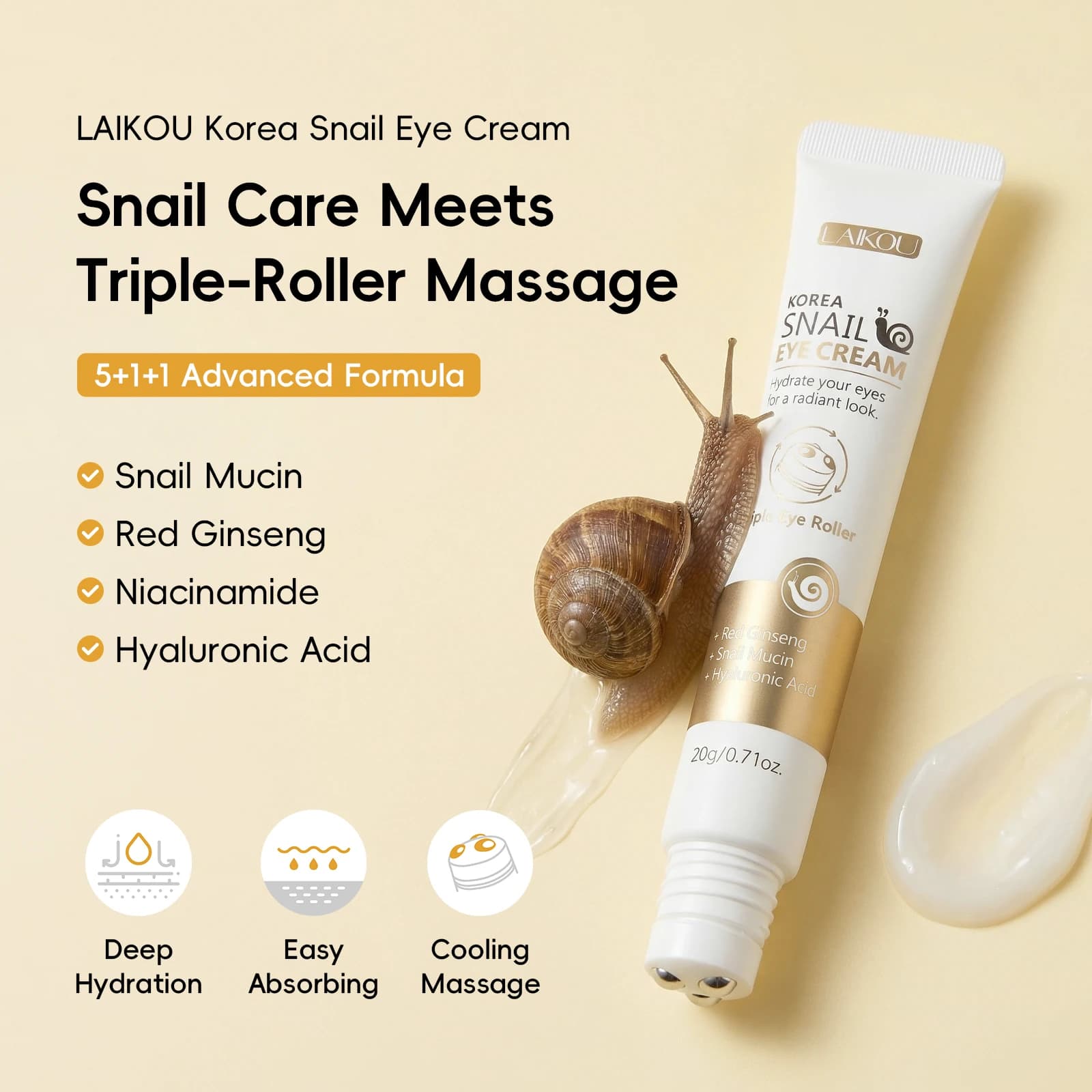 Crème pour les yeux à l'escargot LAIKOU Corée 20g Triple applicateur Hydratation intense Absorption