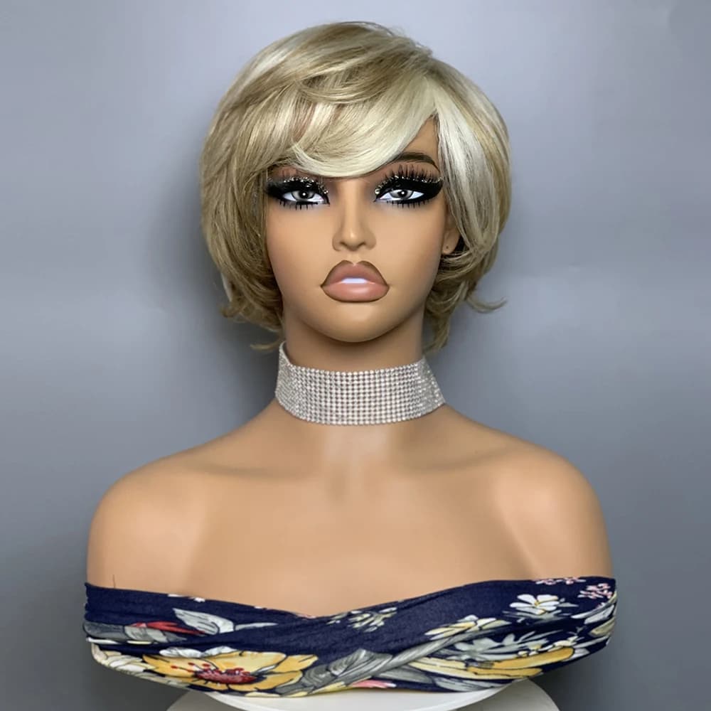 Perruque en cheveux humains ondulés sans lacet F8/60 # Perruque courte de style pixie avec frange,