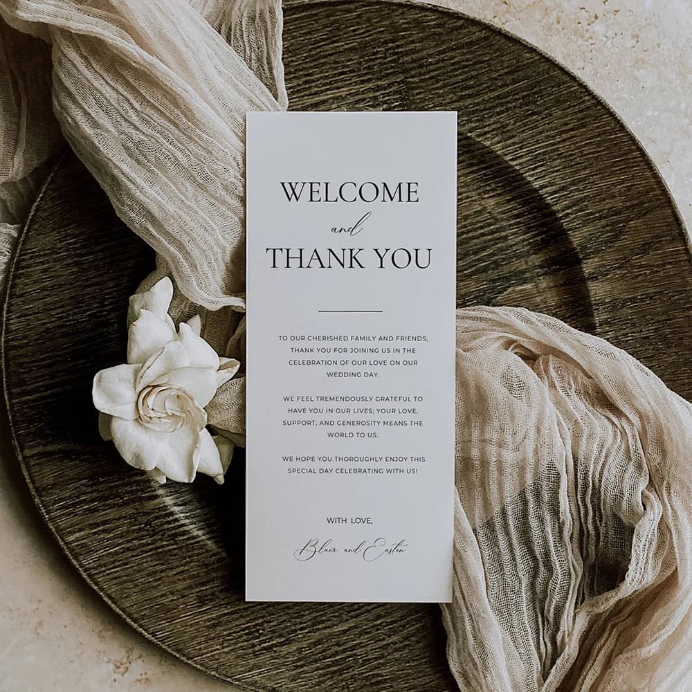 Note de bienvenue et de remerciement moderne personnalisée, carte de remerciement pour Table de mari