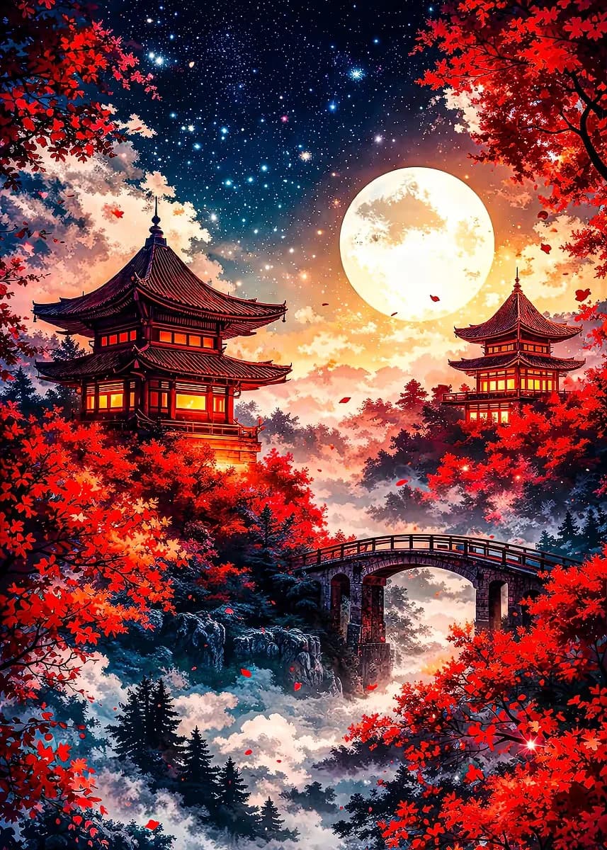 Affiches sur toile de paysage moderne du Japon avec le Mont Fuji, les fleurs de cerisier, le temple,