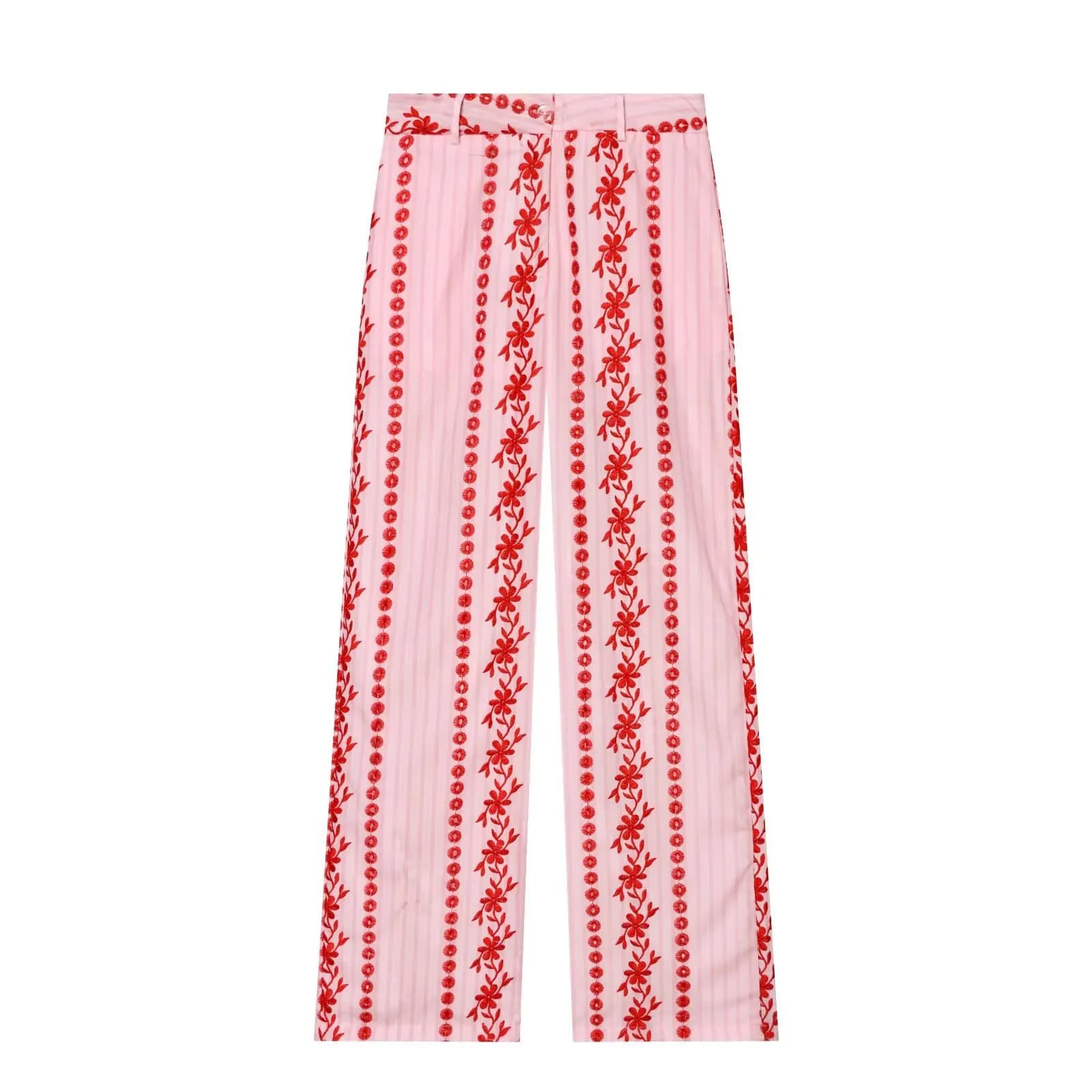 Pantalon long vintage rose brodé ajouré pour femme, style bohème, jambe large, pour la plage, nouvel