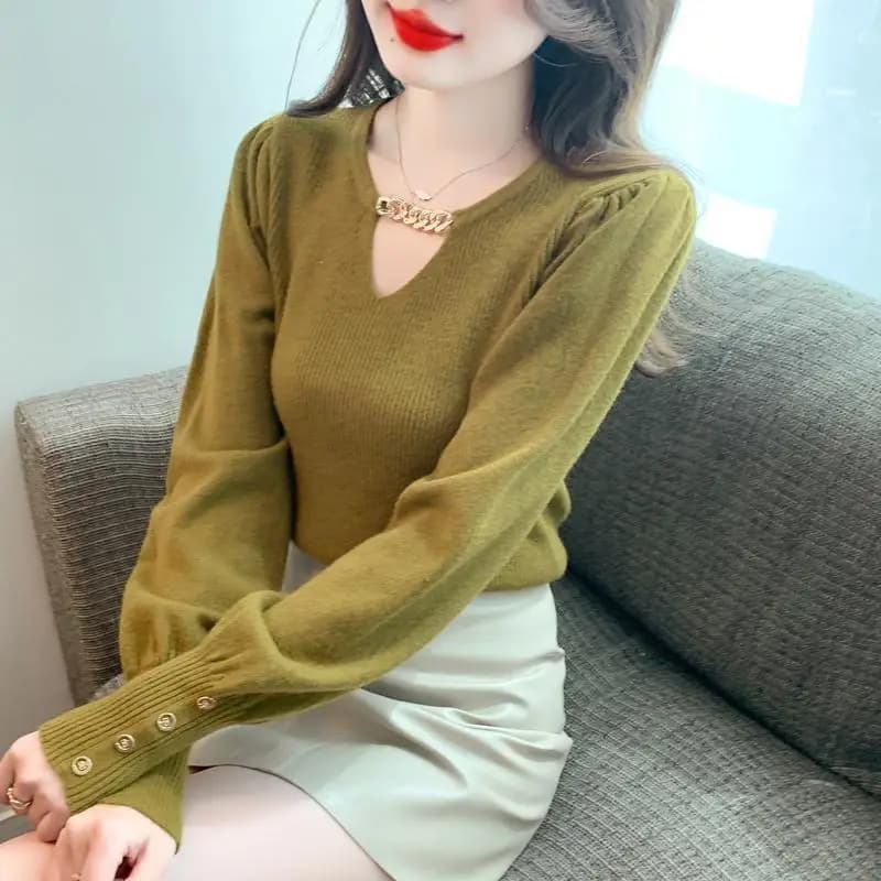 Haut en tricot à manches bouffantes pour femmes, ajouré, détail de chaîne, Sexy, Chic, mode automne