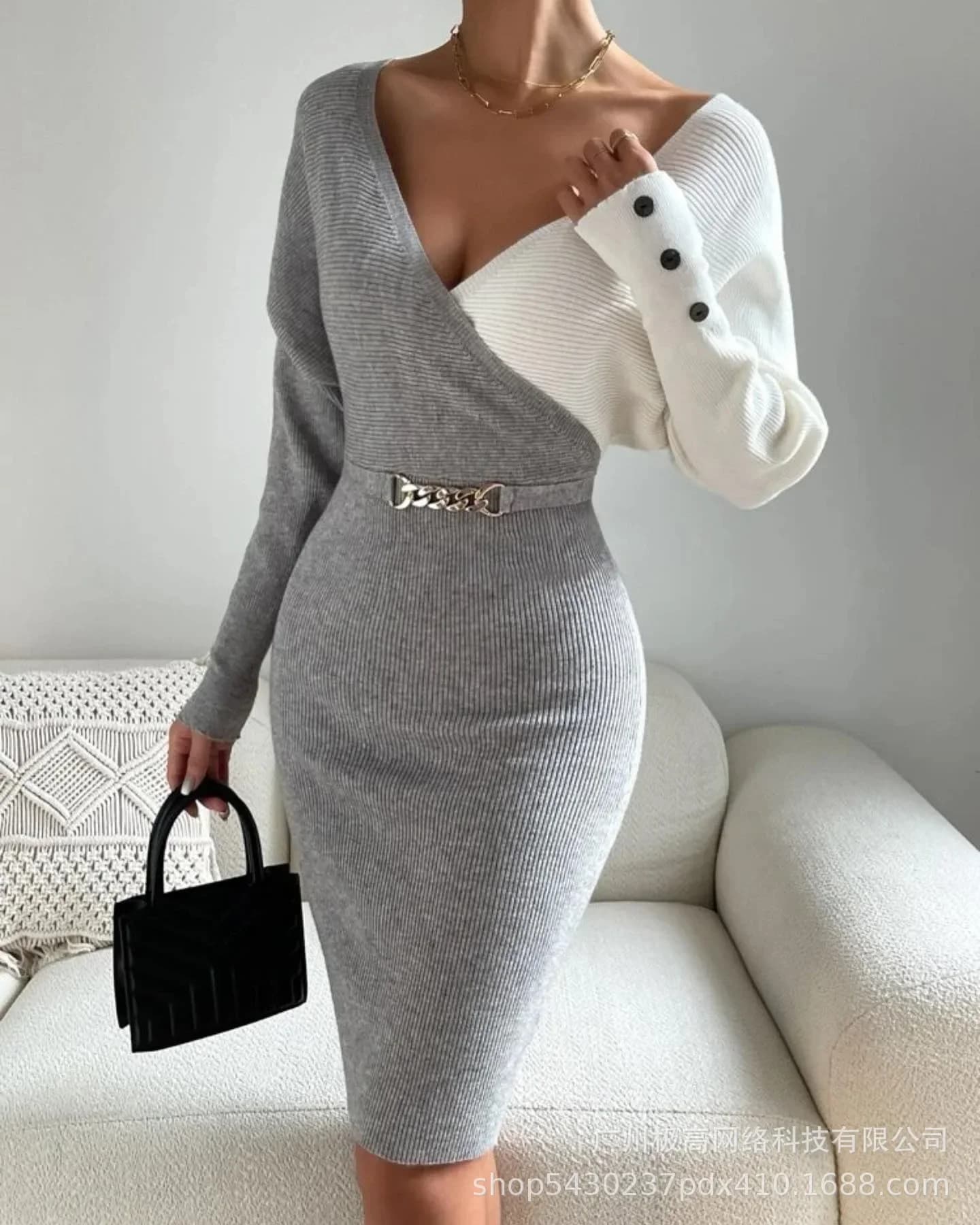 Robe pull taille haute pour femme, décor de boutons, gaine sexy, manches longues, col en V, mi-longu