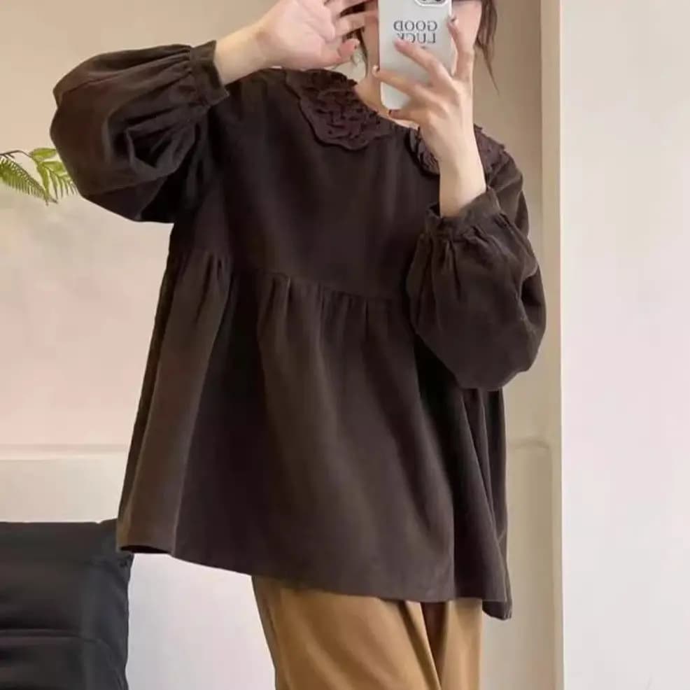 Chemise à col de poupée bouffante, douce et ample, adaptée aux vêtements d'automne et d'hiver, sembl