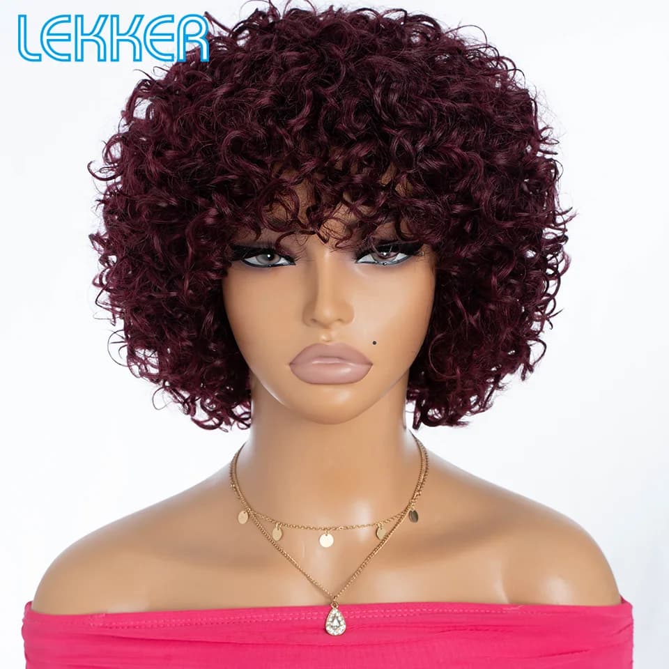 Lekker-Perruque Afro Courte Crépue Bouclée avec Frange pour Femme, 100% Cheveux Humains, Cheveux Bré