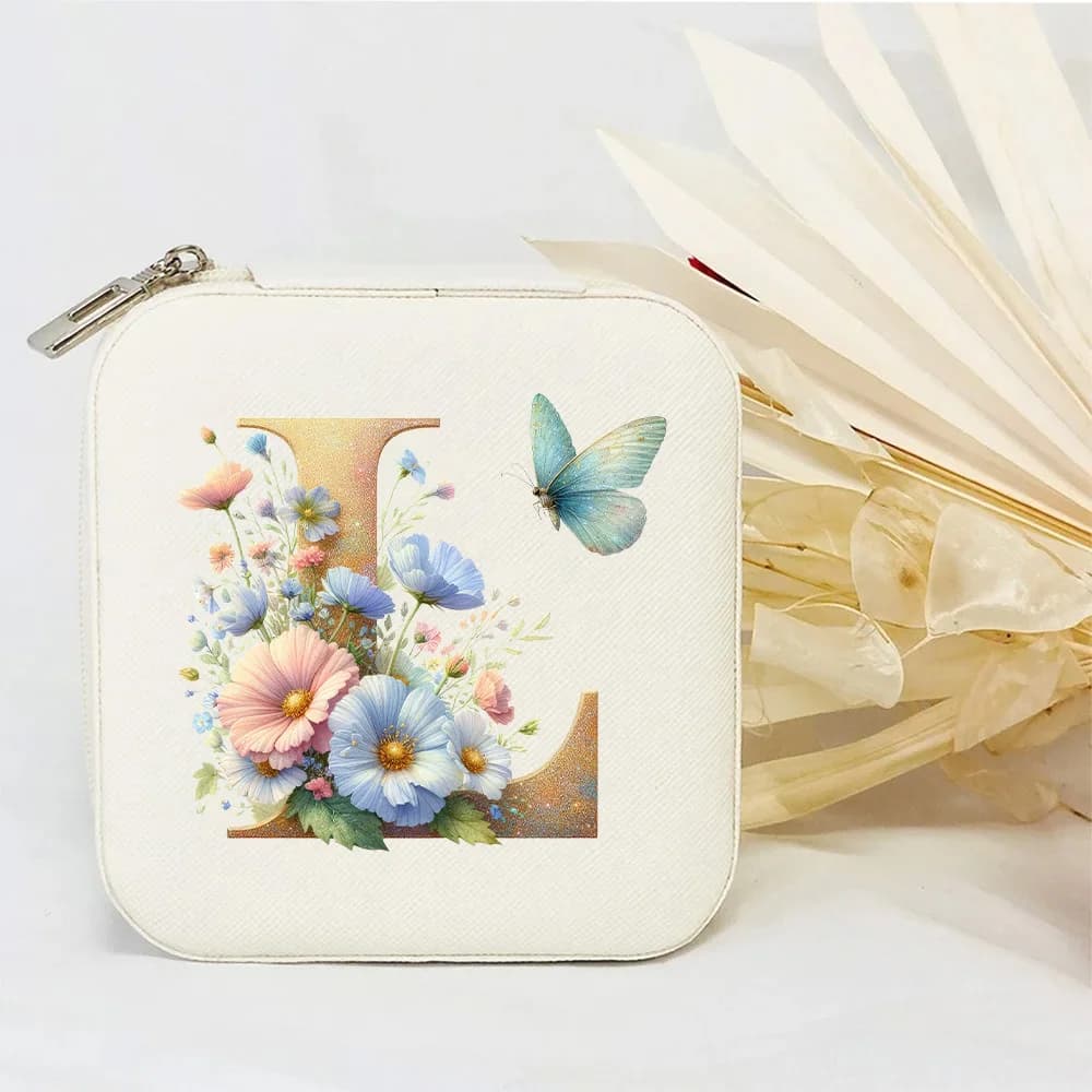 1 pièce Boîte à bijoux portable multi-compartiments en cuir PU blanc à motifs floraux pour femme, id