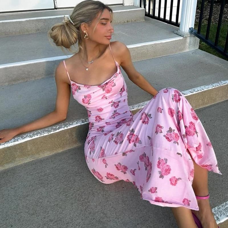 Robe spaghetti florale imprimée pour femmes, robes longues maigres, robes éducatives, mode club sexy
