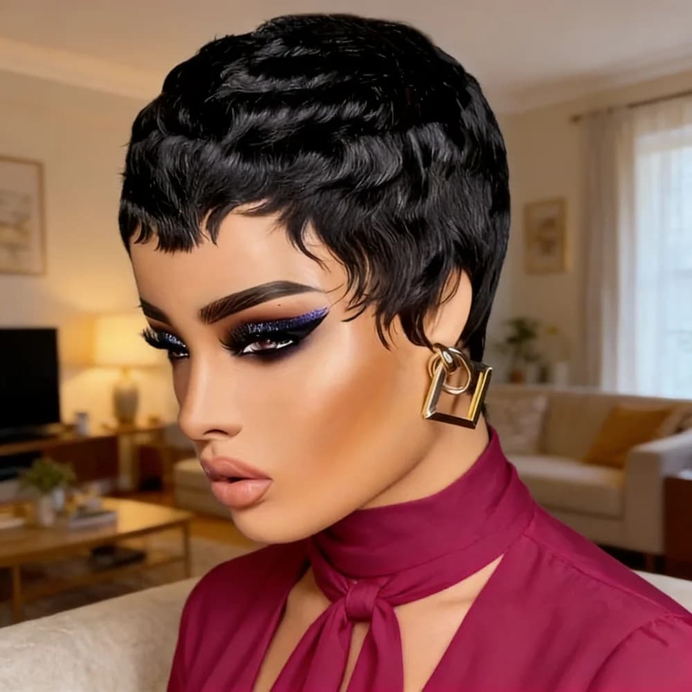 Perruque courte coiffure fée femme |   Cheveux humains de densité 150%, capuchon en filet Rose, enti
