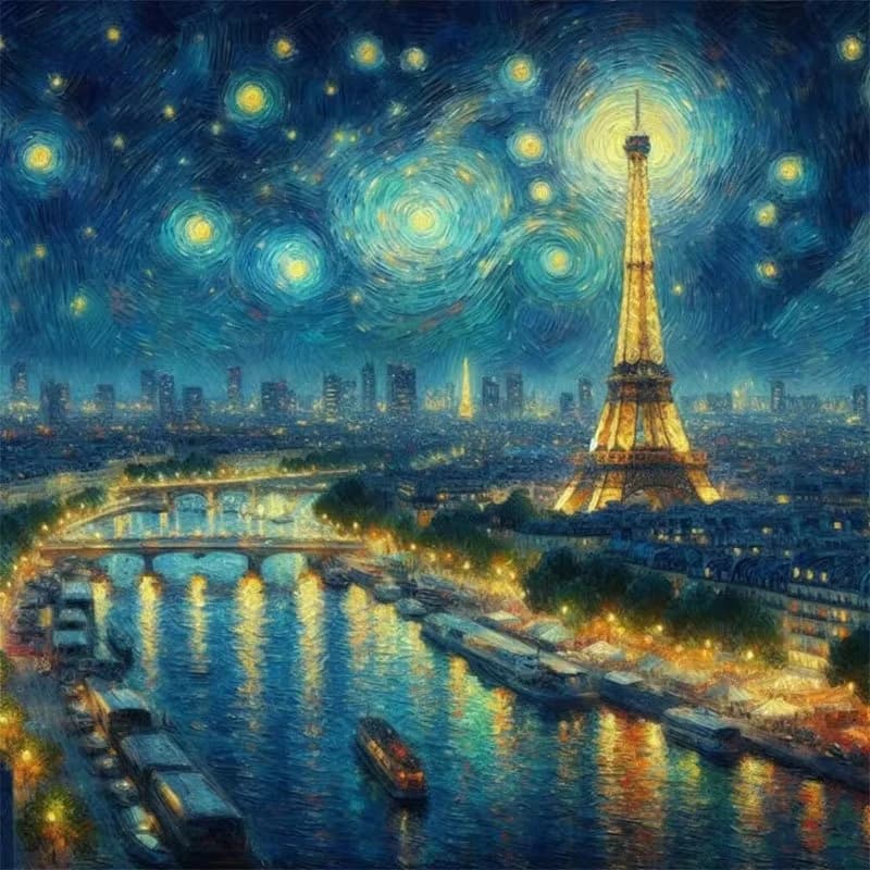 Peinture diamant 5D DIY Nuit étoilée Tour Eiffel Paris, Décoration murale paysage urbain style Van G