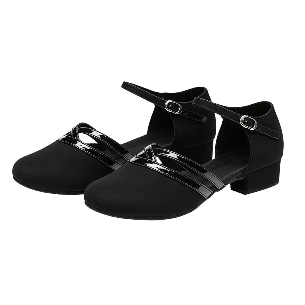 Chaussures de danse latine noires à bout fermé pour femmes, talon bas, semelle souple, bride de chev