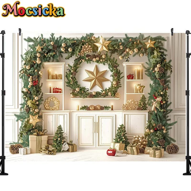 Fond de photographie de thème de Noël blanc, couronne de Noël, décors d'armoire d'arbre, décoration 
