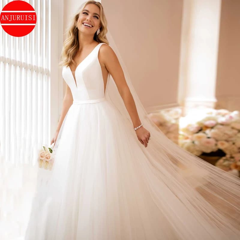 Robes de mariée simples pour femmes 2026, robe de mariée blanche en tulle, coupe trapèze, col en V s