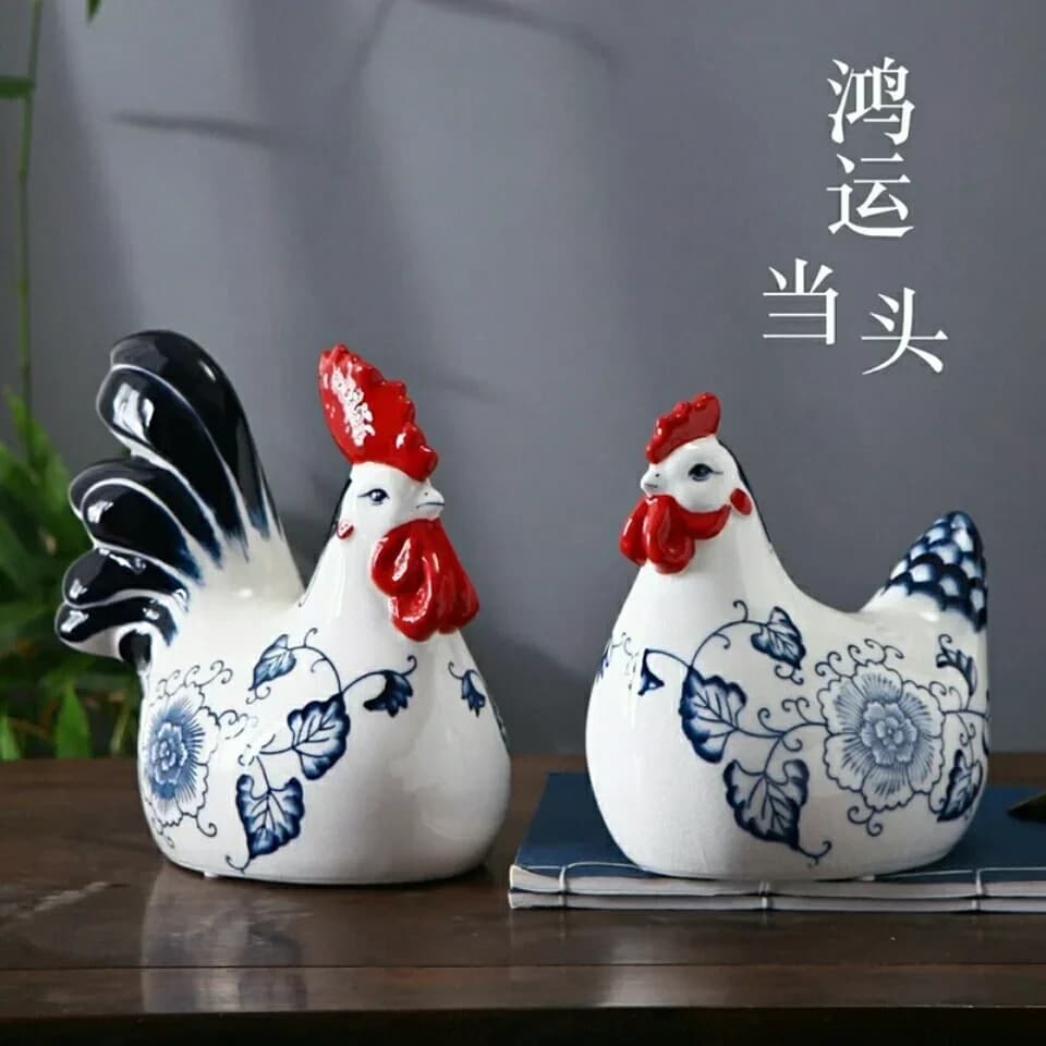 Poulet en porcelaine bleue et blanche, ornement en céramique, nouveau Style chinois, meuble TV pour 