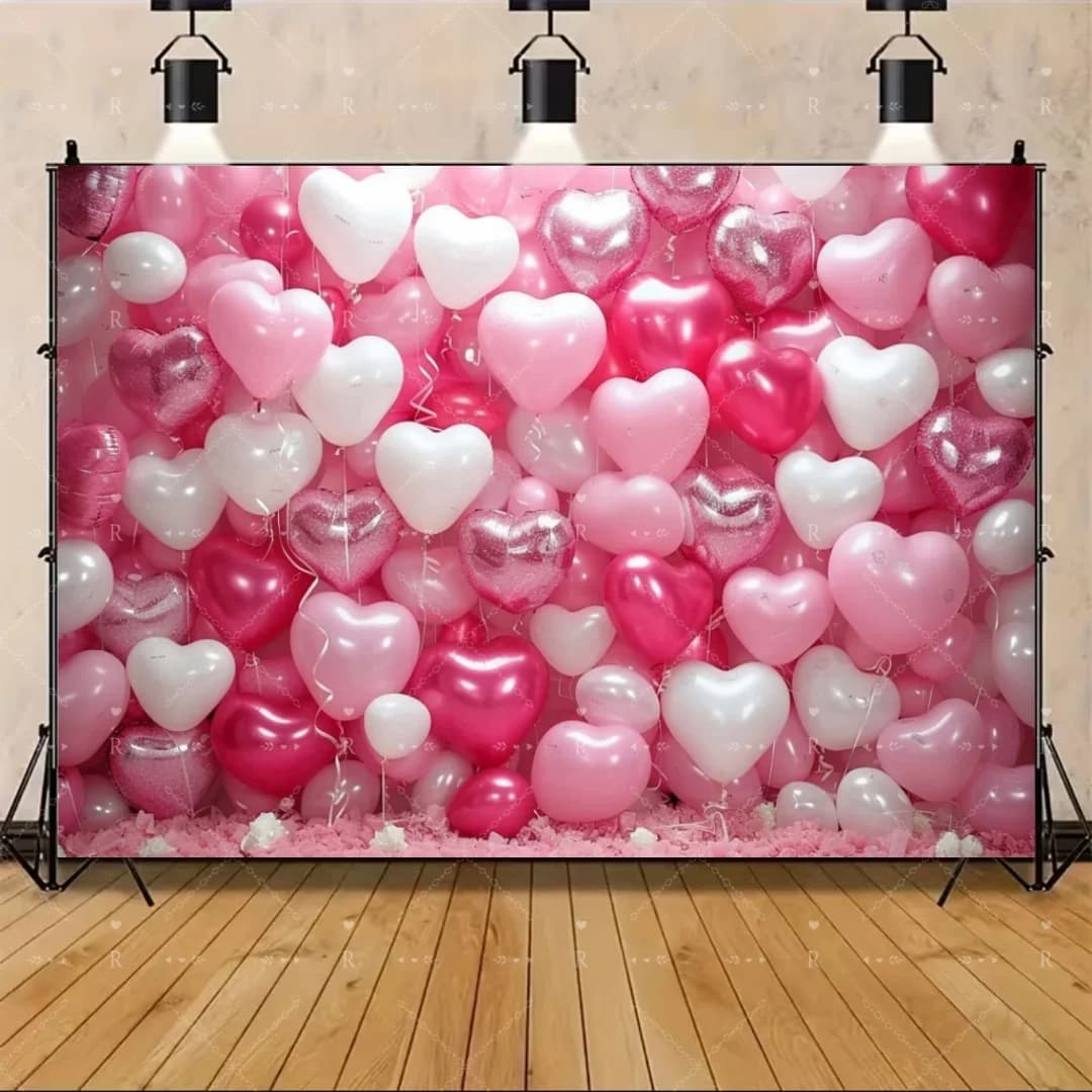 Fond de photographie multifonctionnel avec ballons en forme de cœur rouge et rose, bannière d'amour 