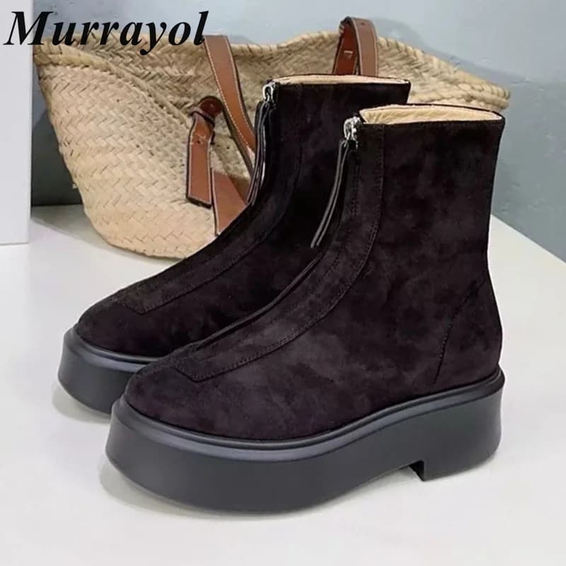 Femmes plat fond épais bottes courtes en cuir véritable bout rond avant fermeture éclair conception 