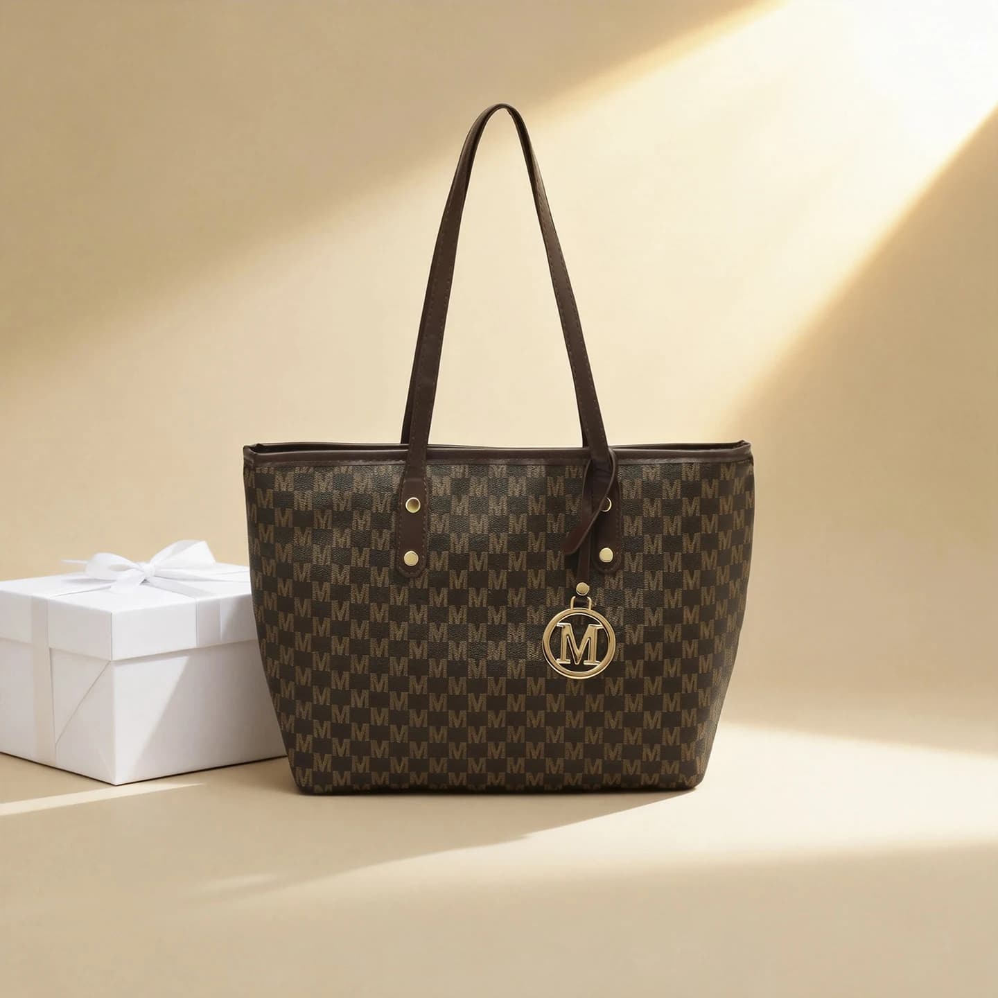 Sac fourre-tout tendance avec imprimé lettre M, pendentif lettre en PU, grande capacité, sac à bando