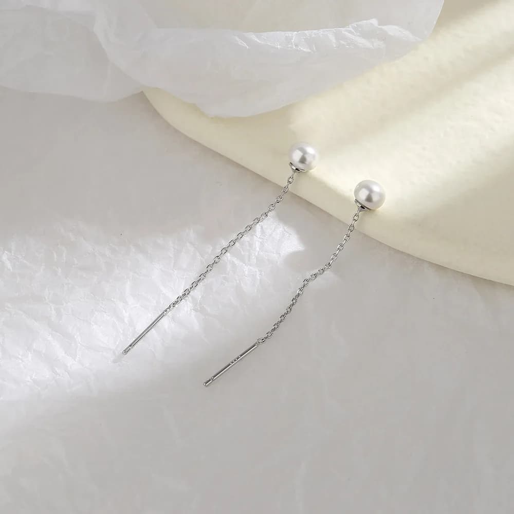 Boucles d'oreilles pendantes en perles rondes roses couleur argent avec longues pampilles pour femme