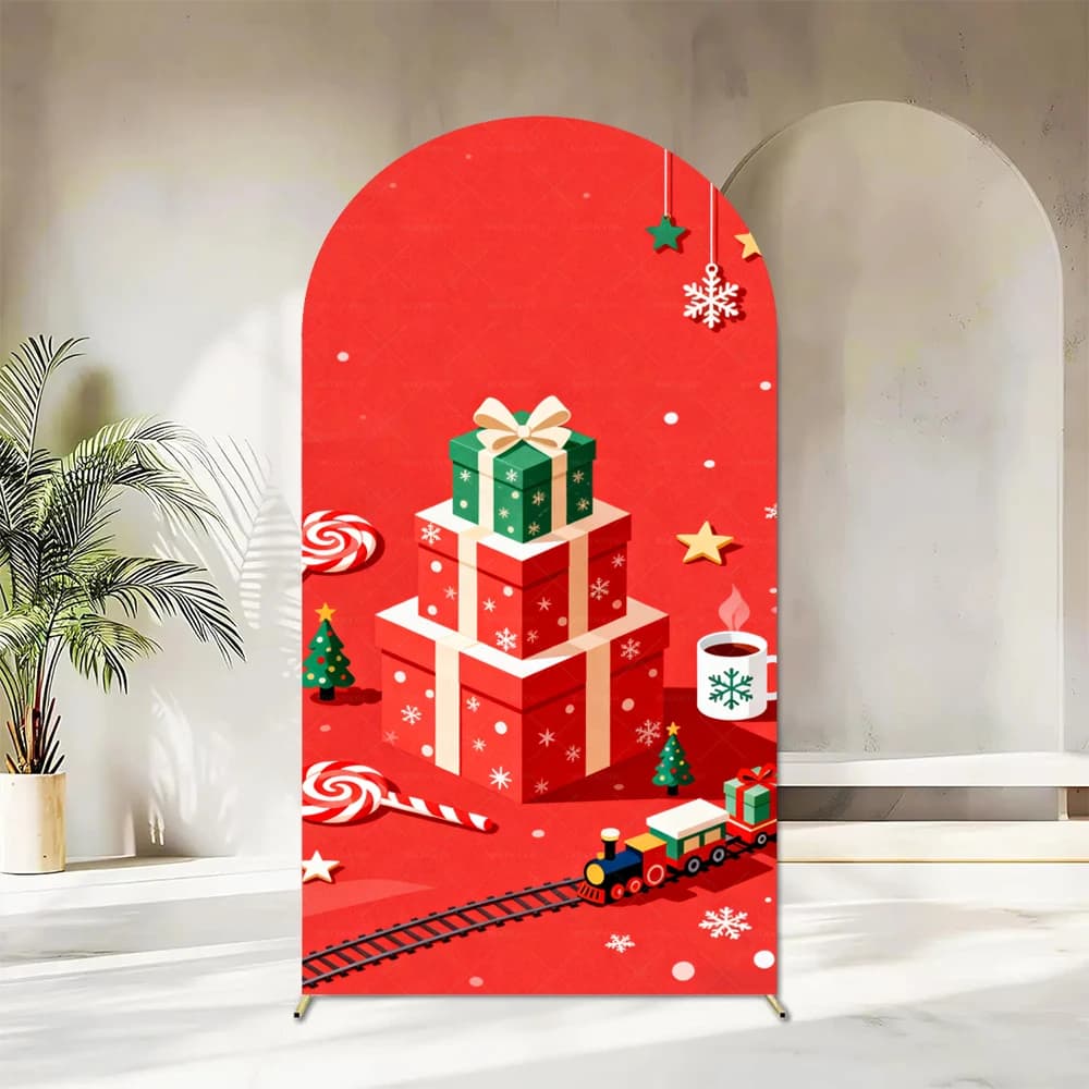 Arche de sapin de Noël, fond de scène, bonhomme de neige, maison en biscuits, famille, amis, fête, j