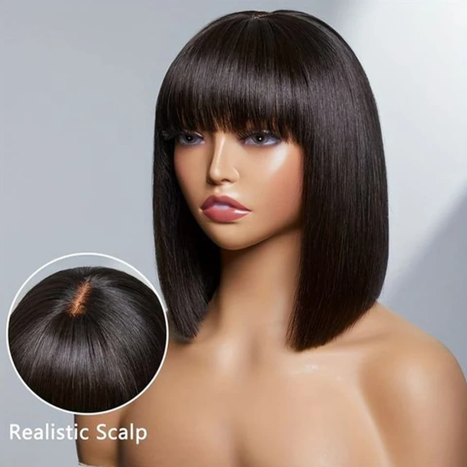 Perruque Bob Lace Brésilienne Naturelle avec Frange, Cheveux Lisses, Sans Colle, Partie Centrale, Cu