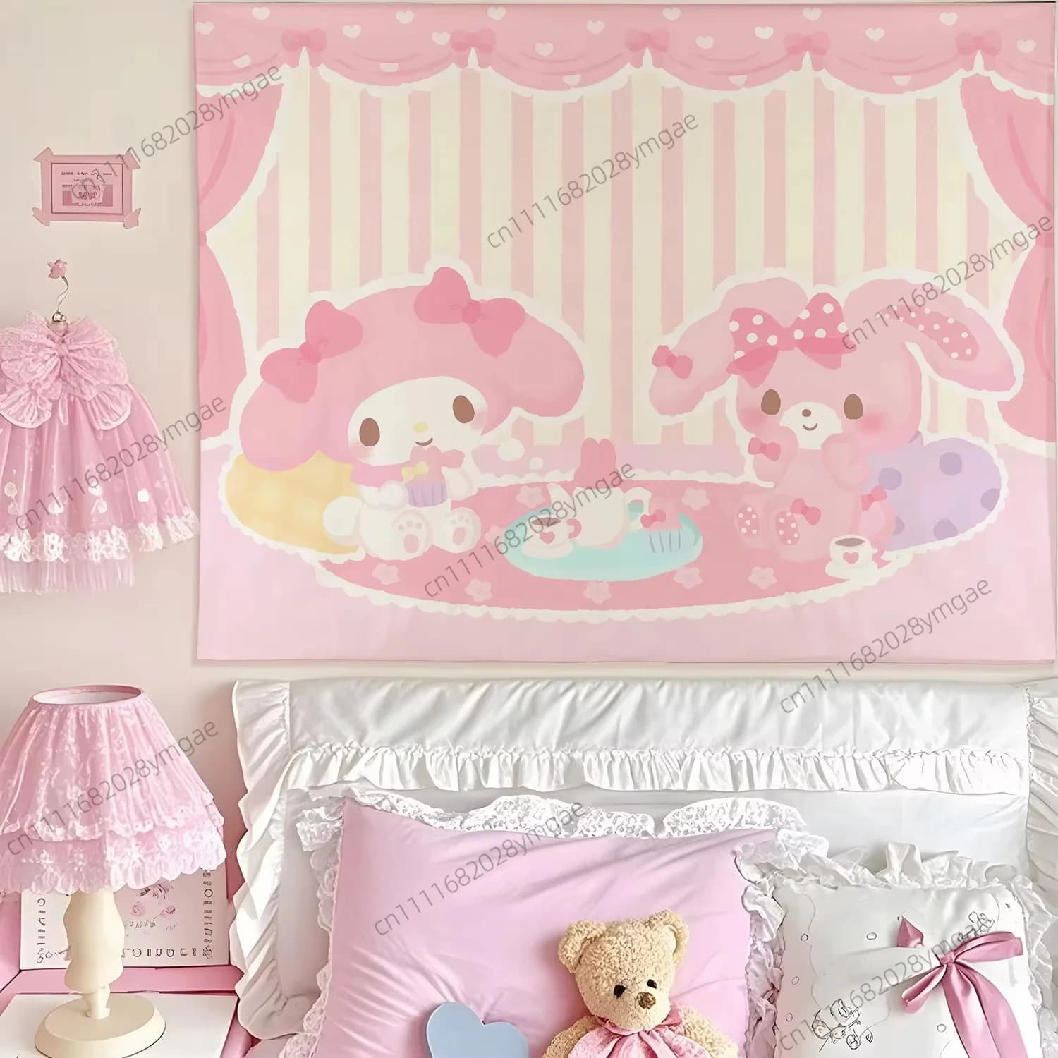 Tapisserie murale rose style Kawaii et dessin animé — Décoration de chambre pour filles (thème Anime