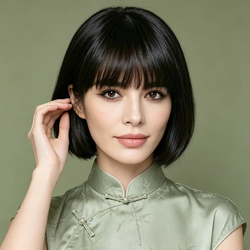 Perruque courte droite en cheveux humains avec frange complète, aspect naturel, entièrement fabriqué