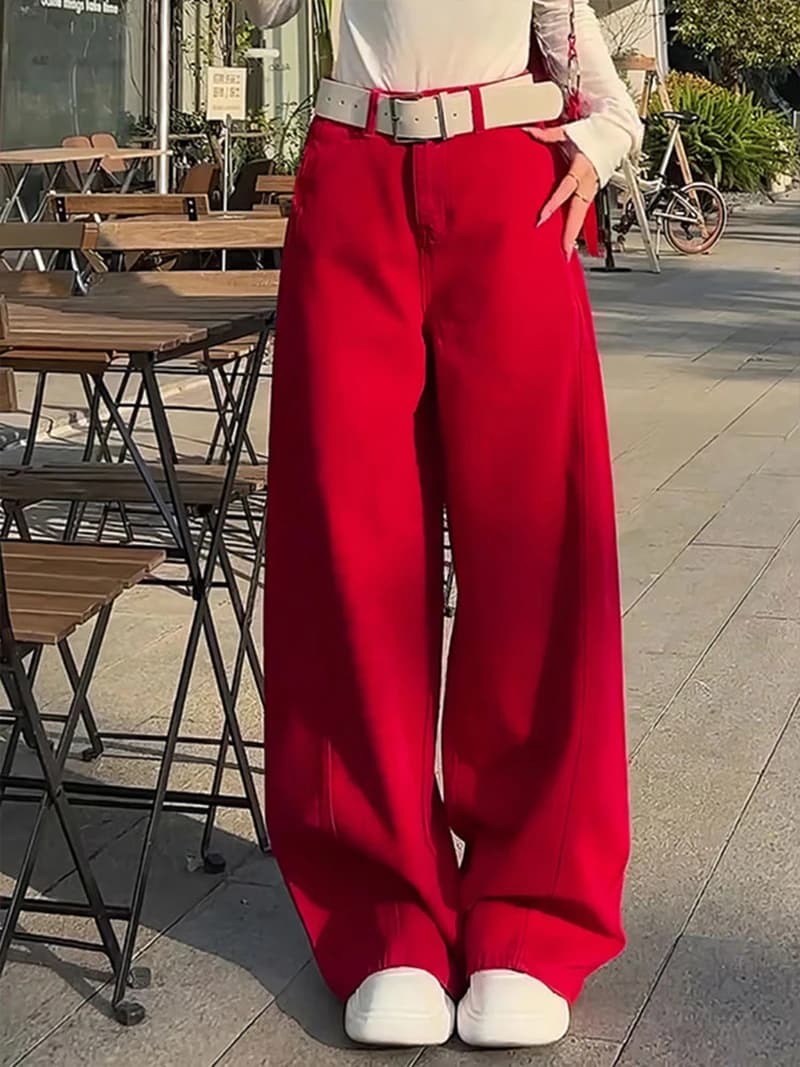 Jean rétro rouge taille haute à jambes larges pour femmes, nouveau Style, ample, décontracté, pleine