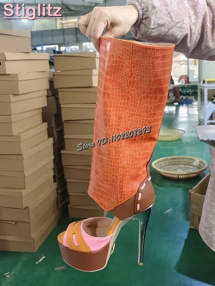 Sandales roses à bout ouvert à pois avec talon métallique, bottes sexy en cuir patchwork mi-mollet, 
