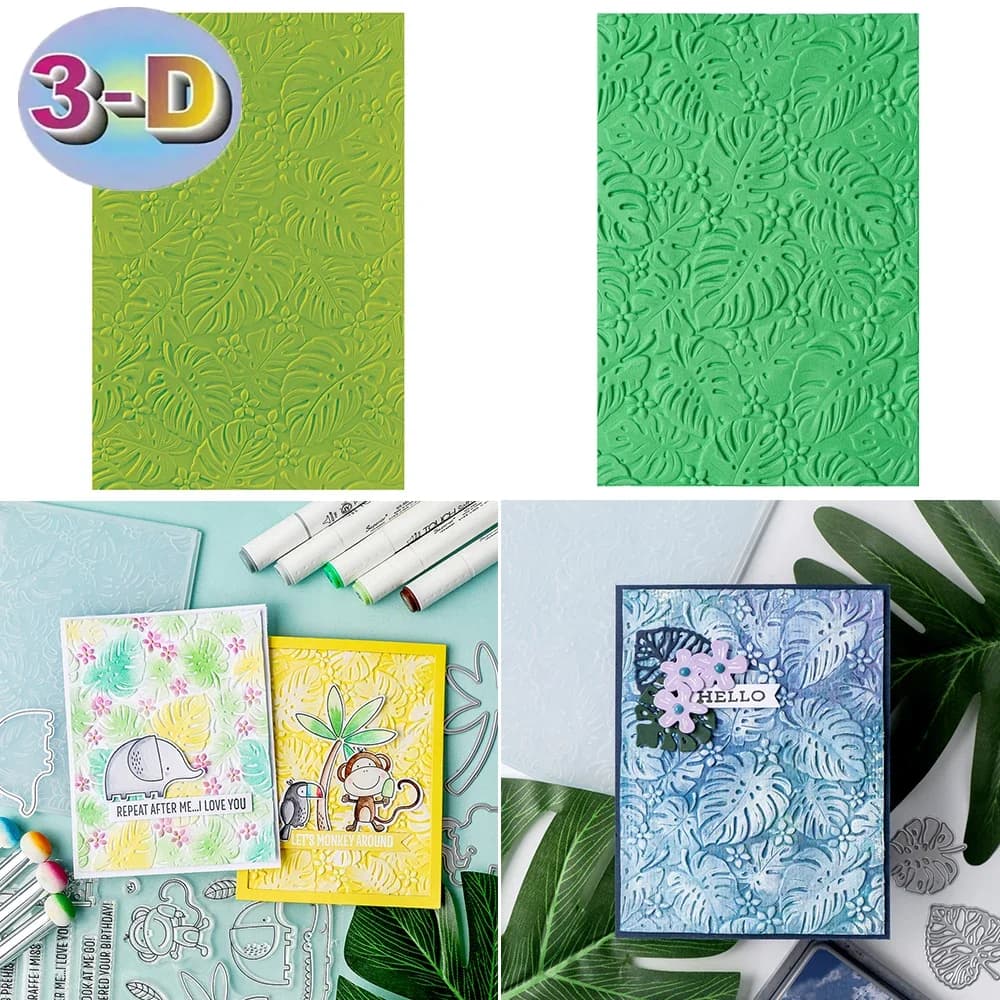 Dossier de gaufrage 3D pour l'artisanat du papier, motif de feuilles tropicales dispersées, fond pou