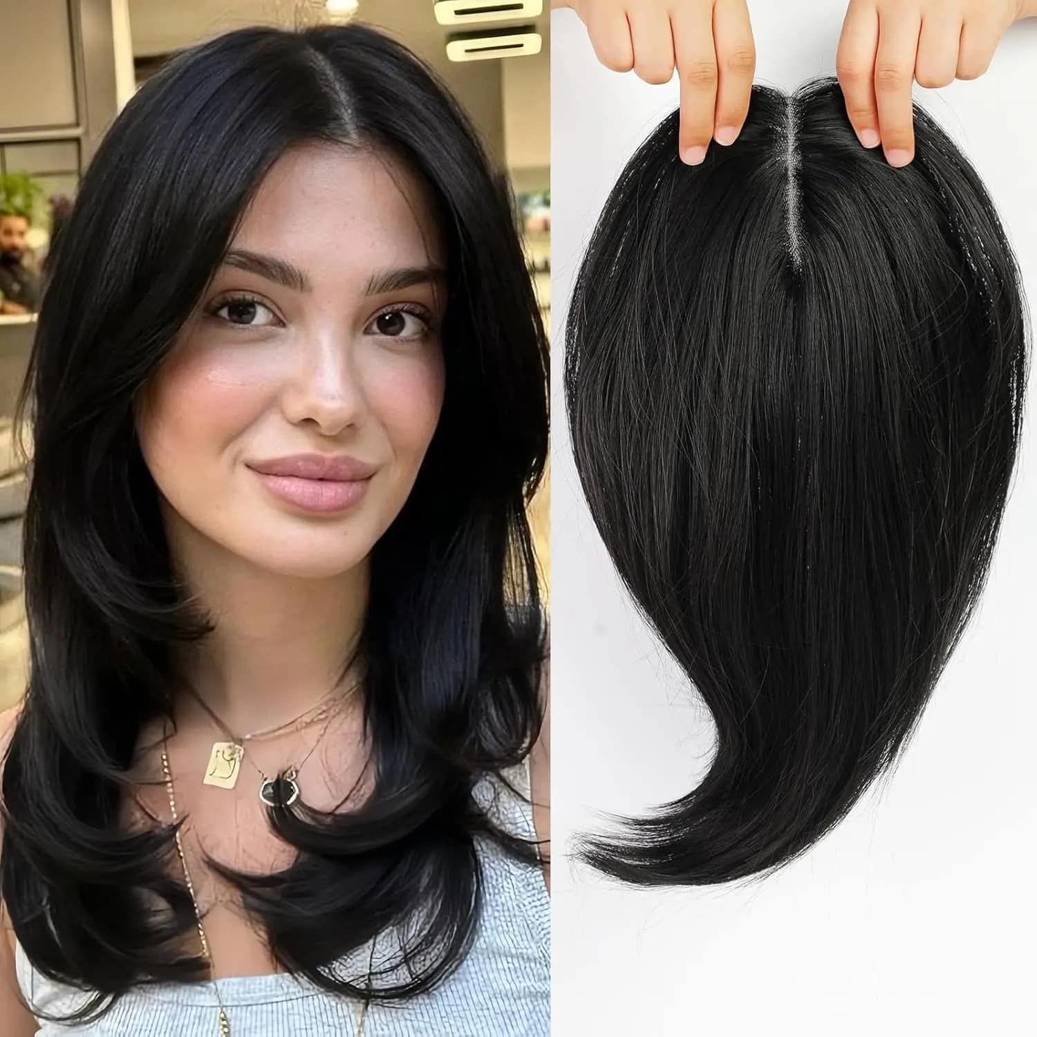 Toppers de cheveux synthétiques à clips, à reflets bruns, pour cheveux fins, Base suisse, usage quot