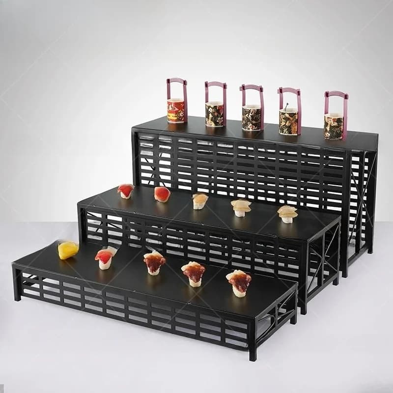Buffet restaurant acier inoxydable trois couches conception creuse rectangulaire noir restaurant ban