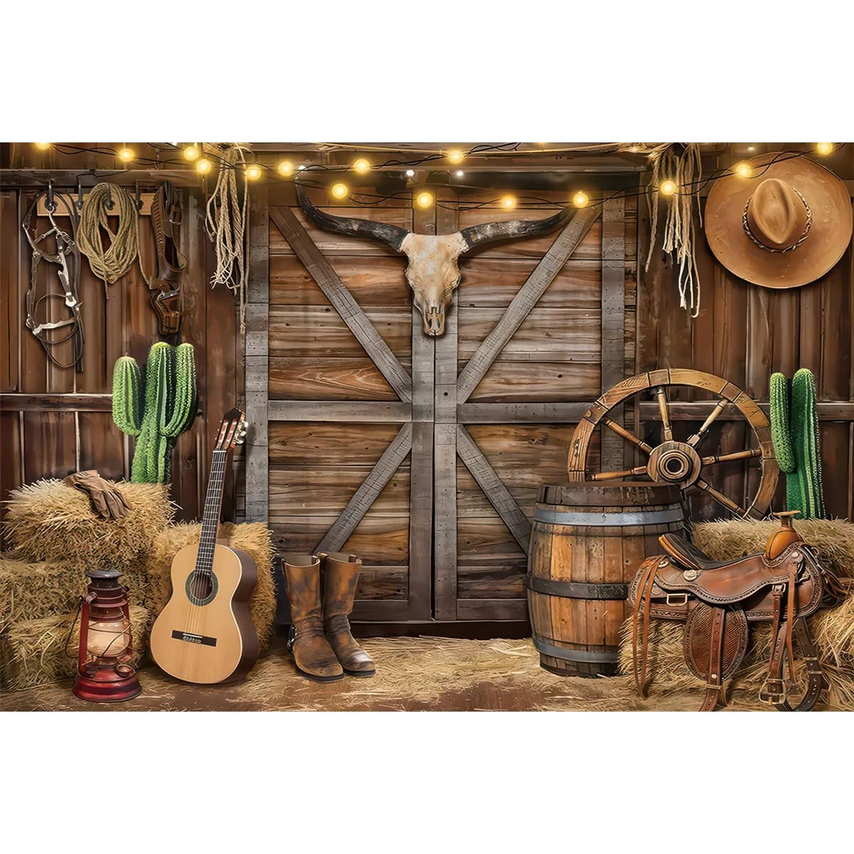 Toile de fond Western Cowboy Rustique avec Cheval et Grange en Bois pour Photographie, Décorations d