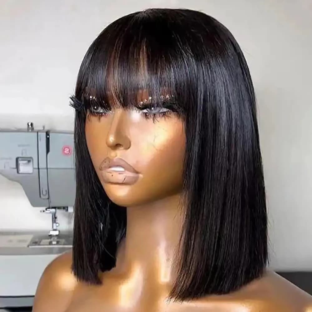 Perruque Bob courte avec frange cheveux humains droits Bob avec frange perruque cheveux humains 180%
