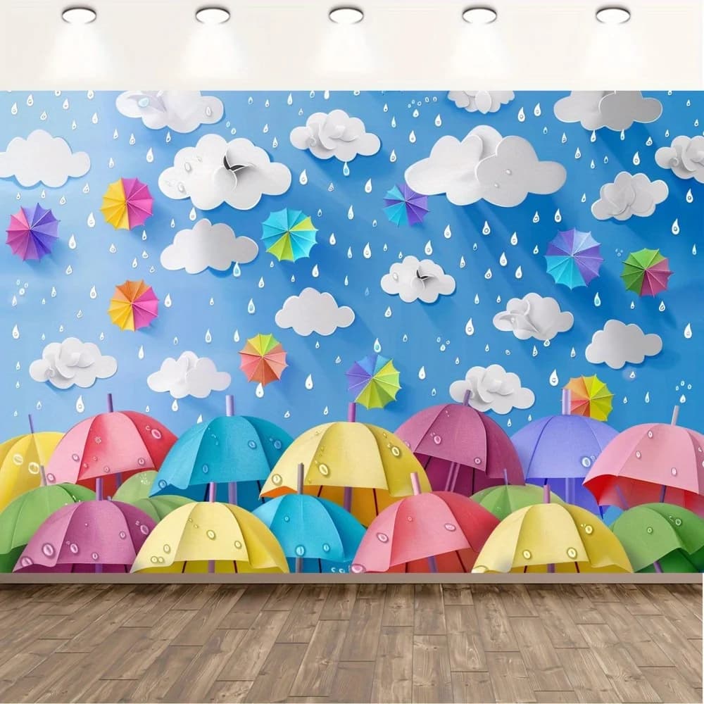 1 fond de dessin animé sur le thème du parapluie, montrant la pluie, les nuages et les gouttes de pl