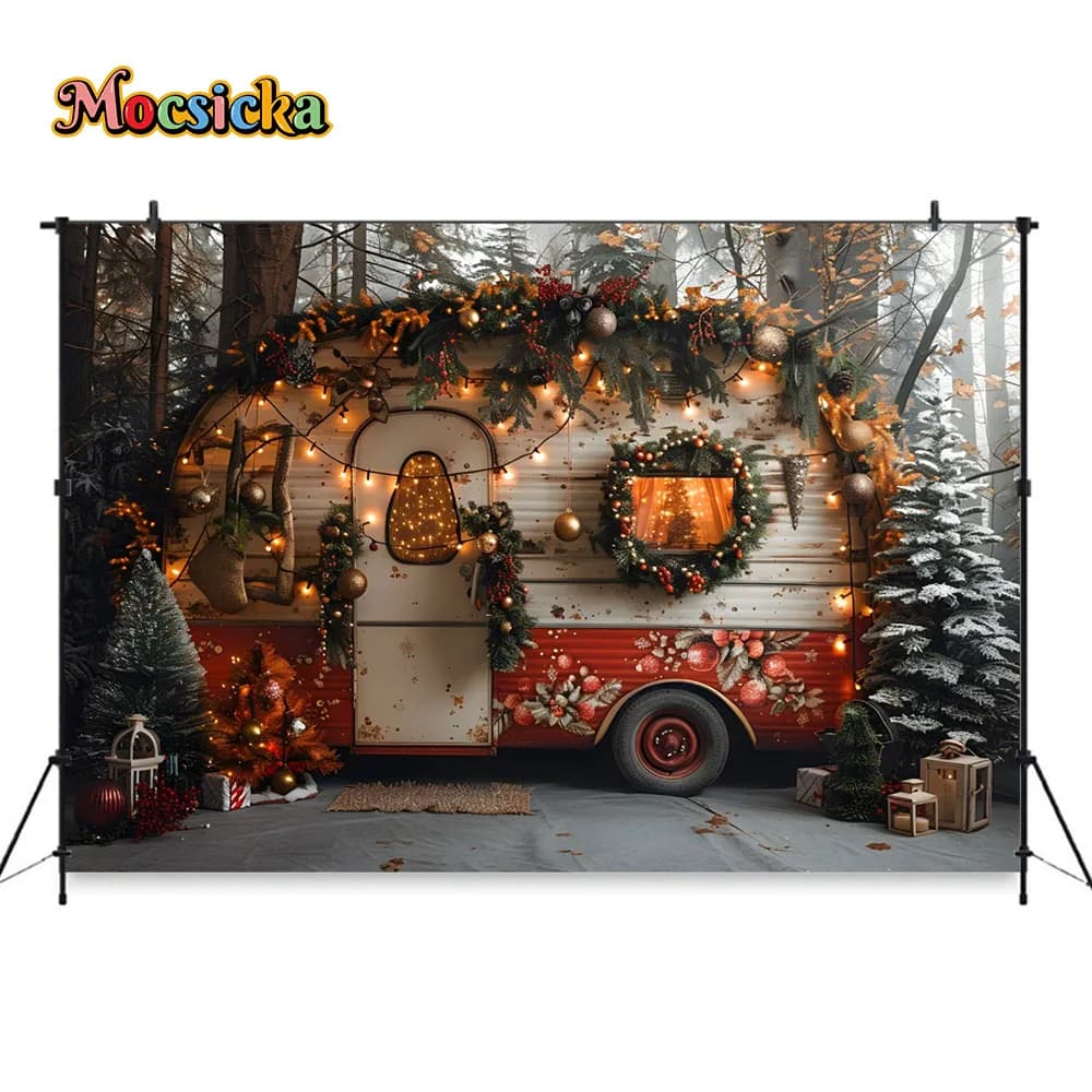 Arrière-plan de photographie de Noël, camping enneigé d'hiver, bus, arbre de Noël, décor de toile de