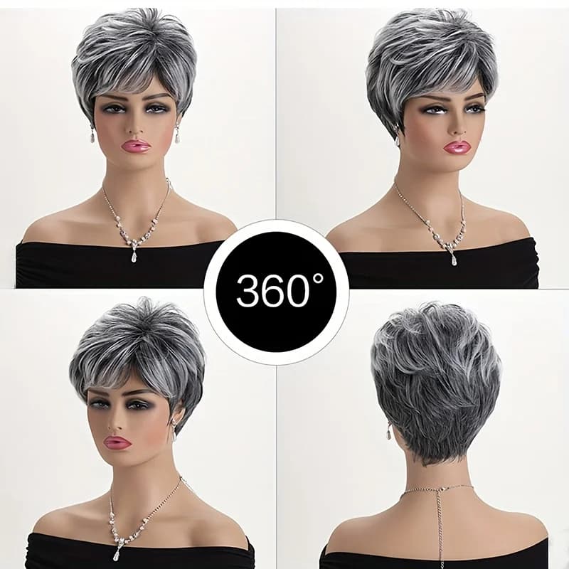 Perruque courte coupe lutin pour femme dégradé gris clair - cheveux synthétiques épais, chapeau en m
