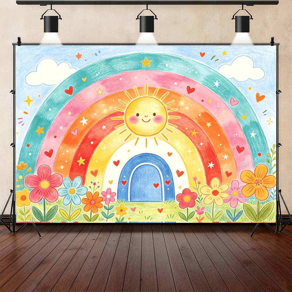 Fond de décoration personnalisable style aquarelle arc-en-ciel pour fête d'anniversaire, décoration 