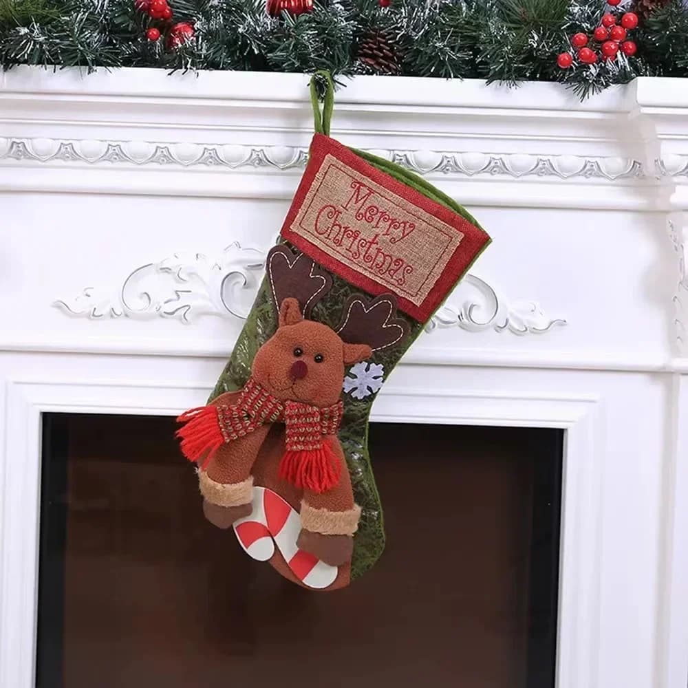 Grands bas de Noël classiques, Père Noël, bonhomme de neige, renne, Rick, vacances en famille, décor