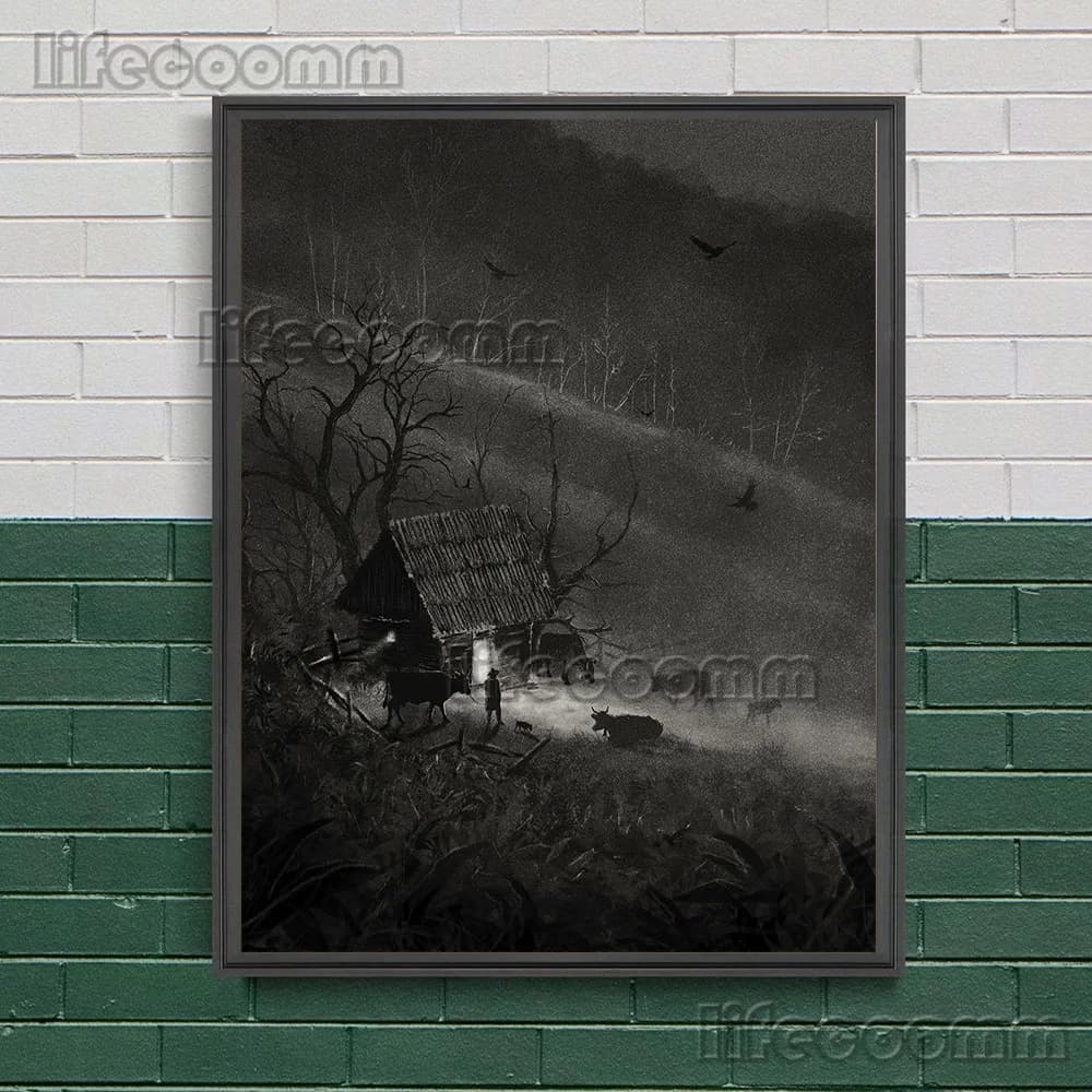 Toile d'art mural abstrait noir-blanc, cabane de montagne et voyageurs, peinture silencieuse, forêt