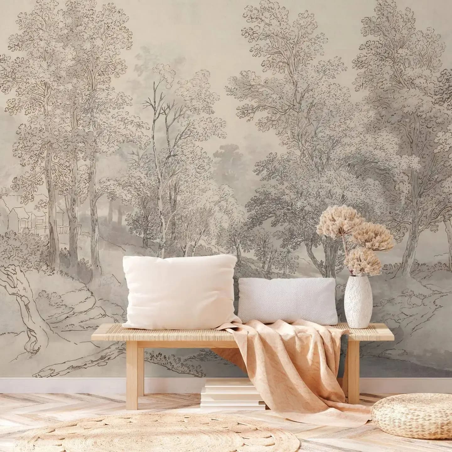 Papier peint de paysage Vintage traditionnel, papier Mural d'arbre de ton doux pour la décoration de