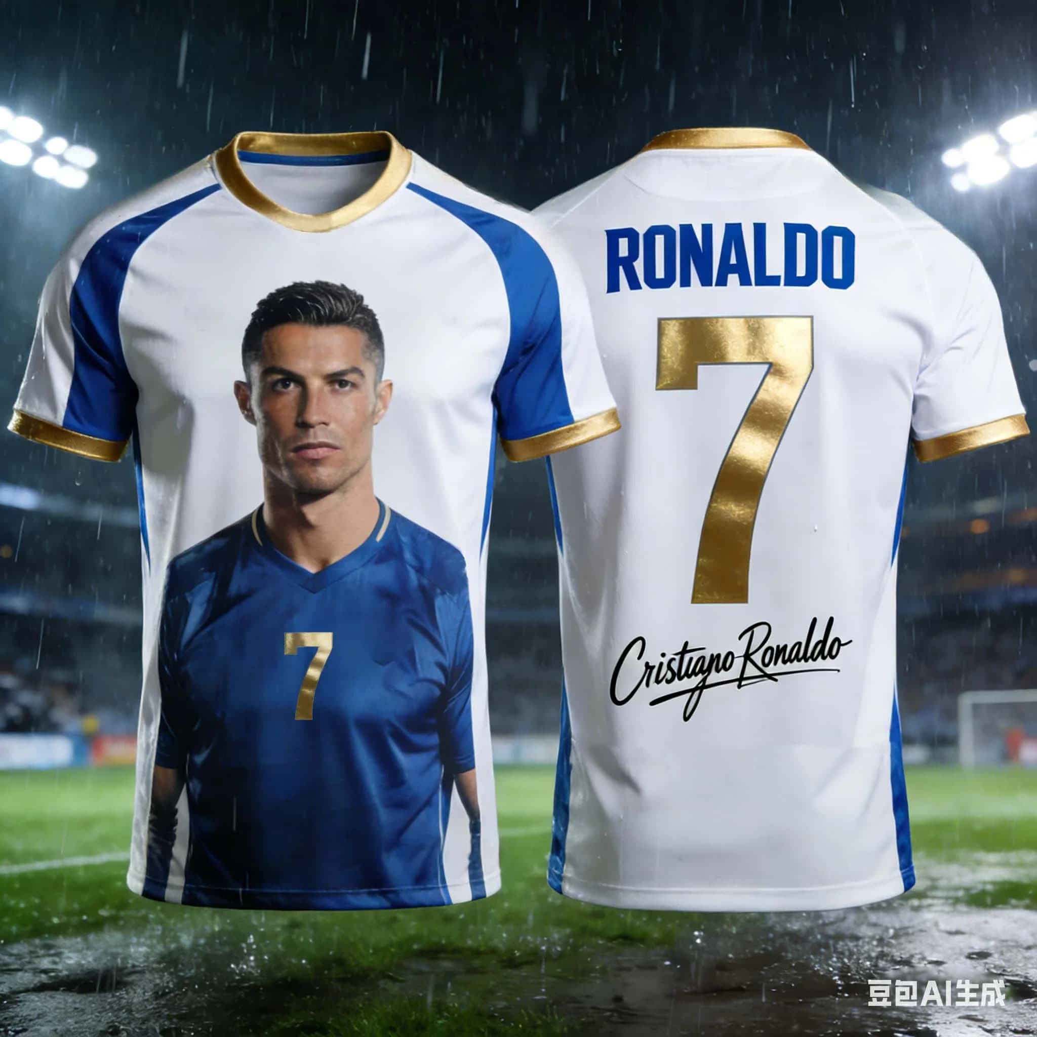 Maillot de football Portugal Ronaldo n°7 noir et or, manches raglan, signature, impression 3D intégr